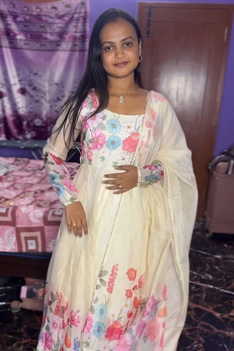 Elegant Ivory Floral Printed Anarkali Gown with Dupatta