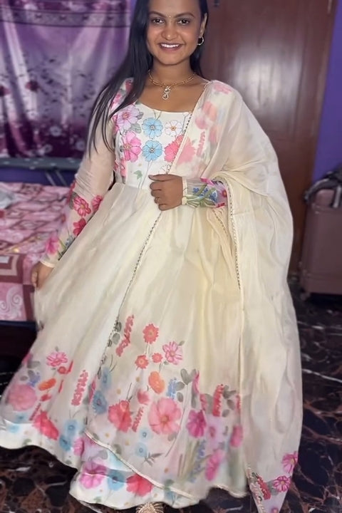 Elegant Ivory Floral Printed Anarkali Gown with Dupatta