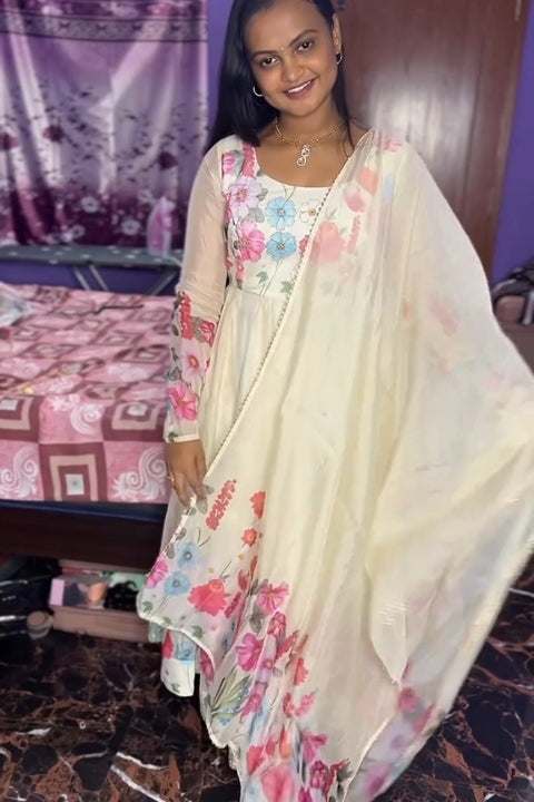 Elegant Ivory Floral Printed Anarkali Gown with Dupatta