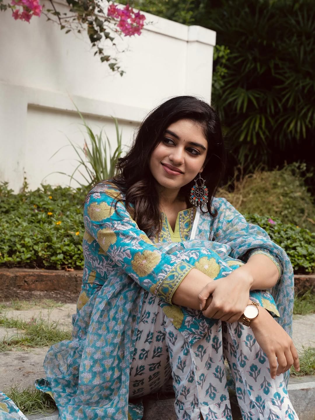 Ethnic Indian Wear Elegant Blue Floral Cotton Suit for Women