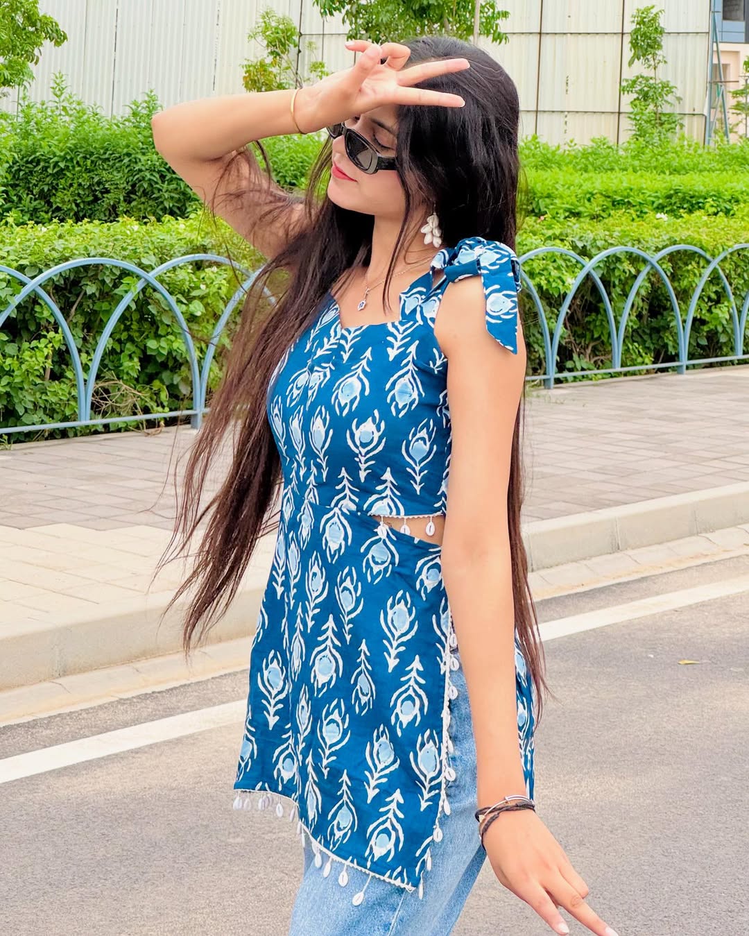 Perfect Trendy Blue Cotton Printed Sleeveless Dress with Side Cut Design