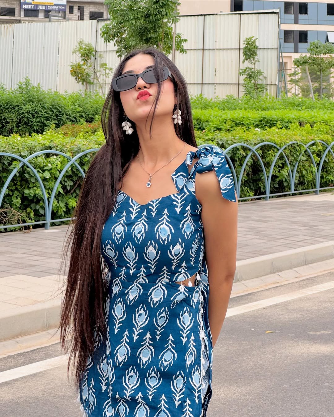 Perfect Trendy Blue Cotton Printed Sleeveless Dress with Side Cut Design