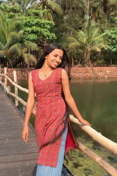 Sleeveless Red Kurti with Traditional Prints Graceful Indian Ethnic Wear for Women