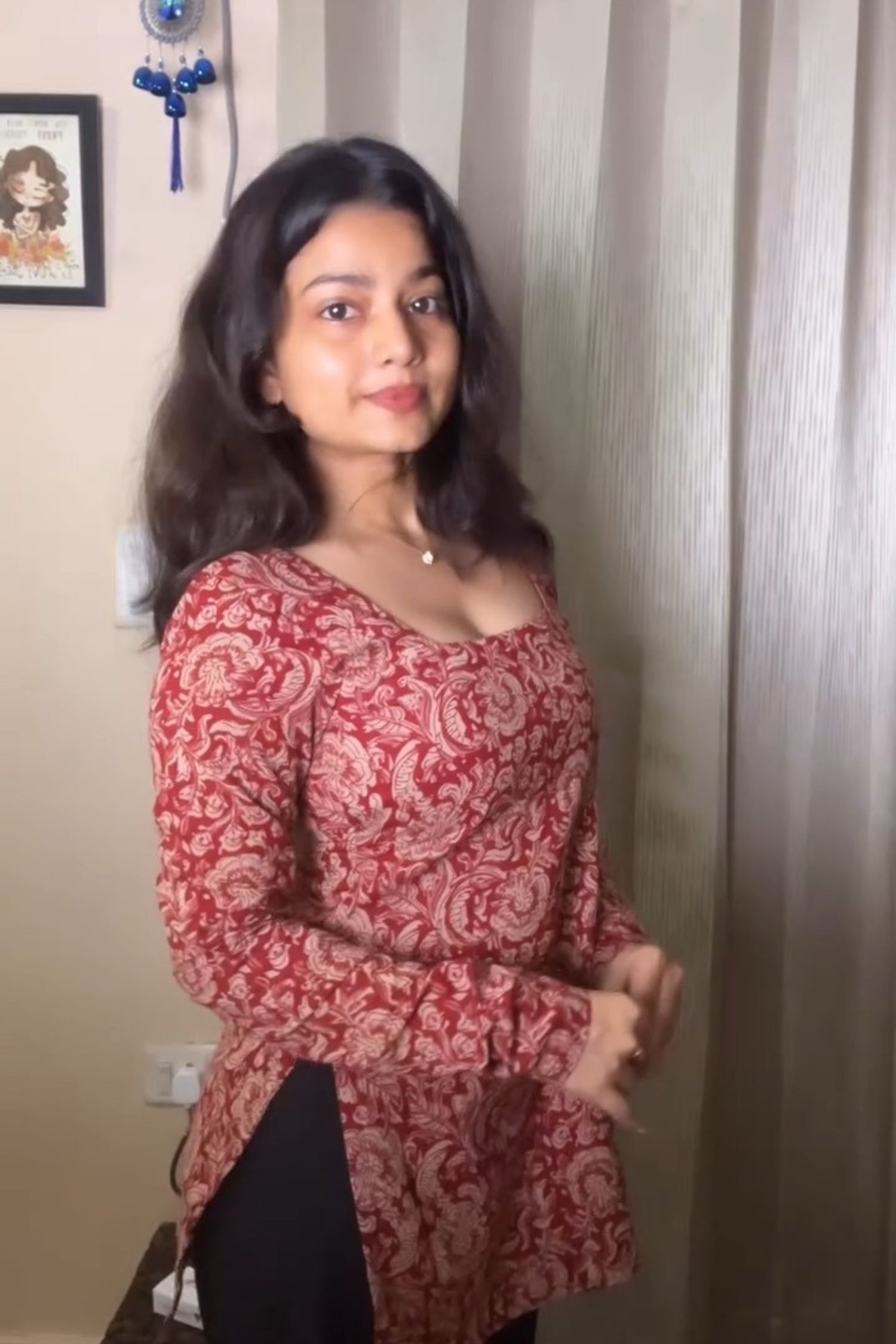 Effortless Ethnic Red & Beige Floral Square-Neck Short Kurti