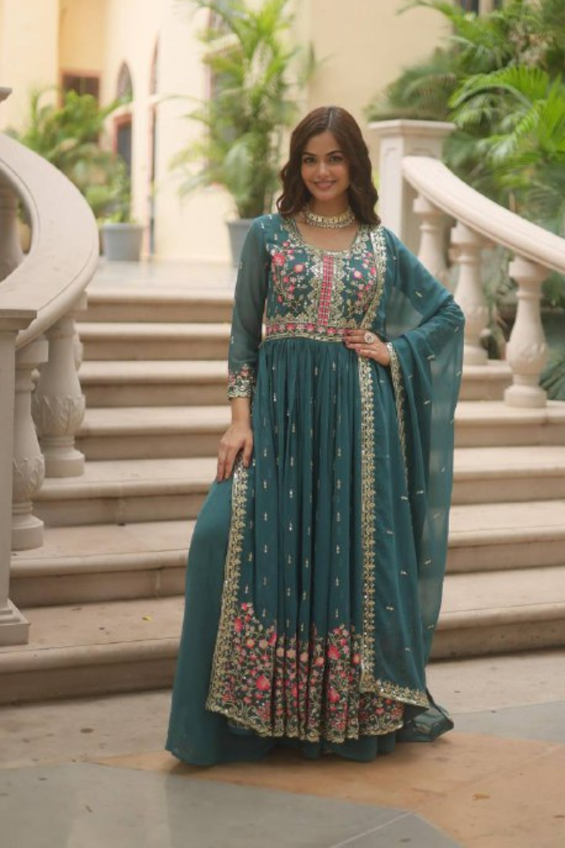Teal Faux Georgette Gown With Dupatta Embroidered