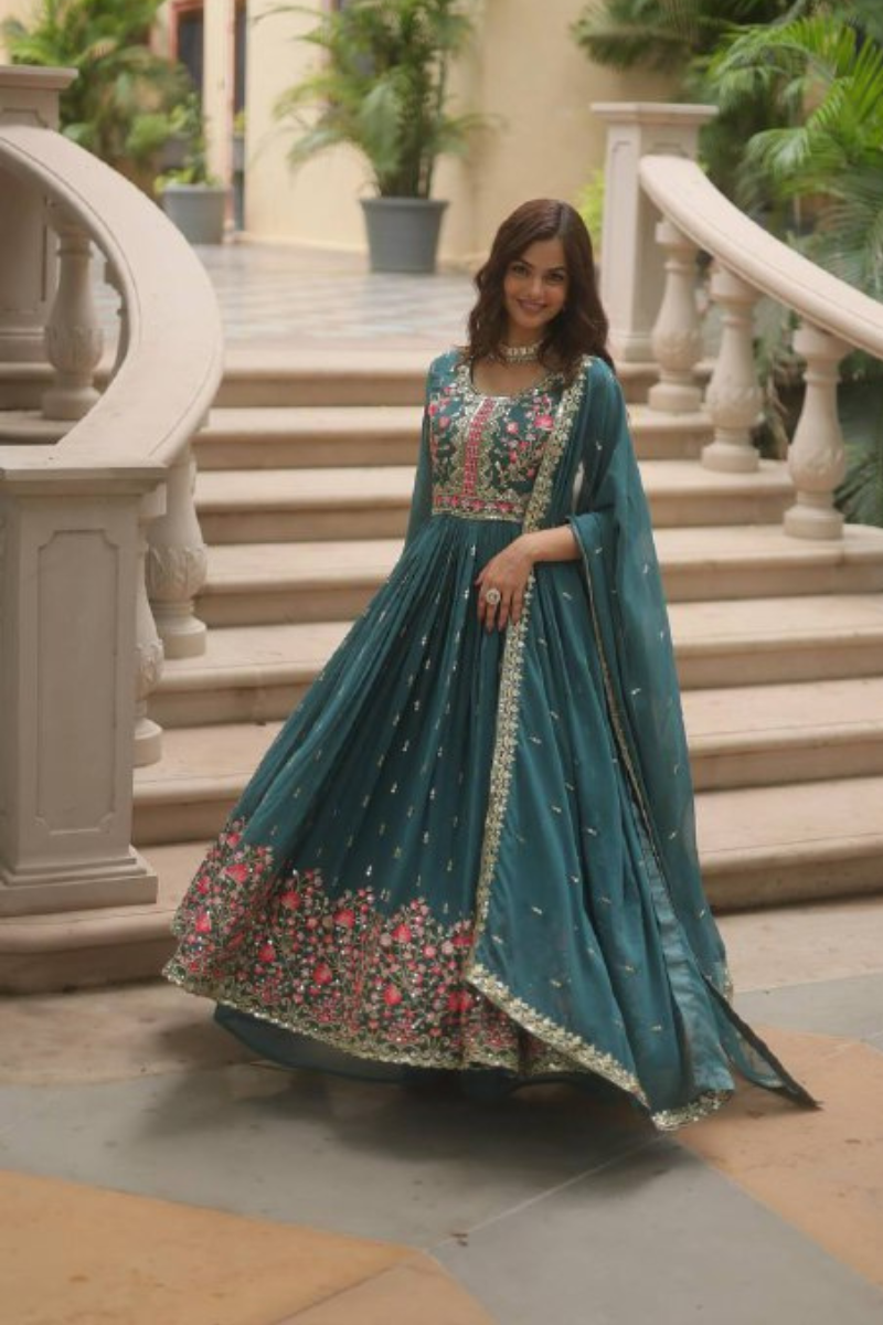 Teal Faux Georgette Gown With Dupatta Embroidered