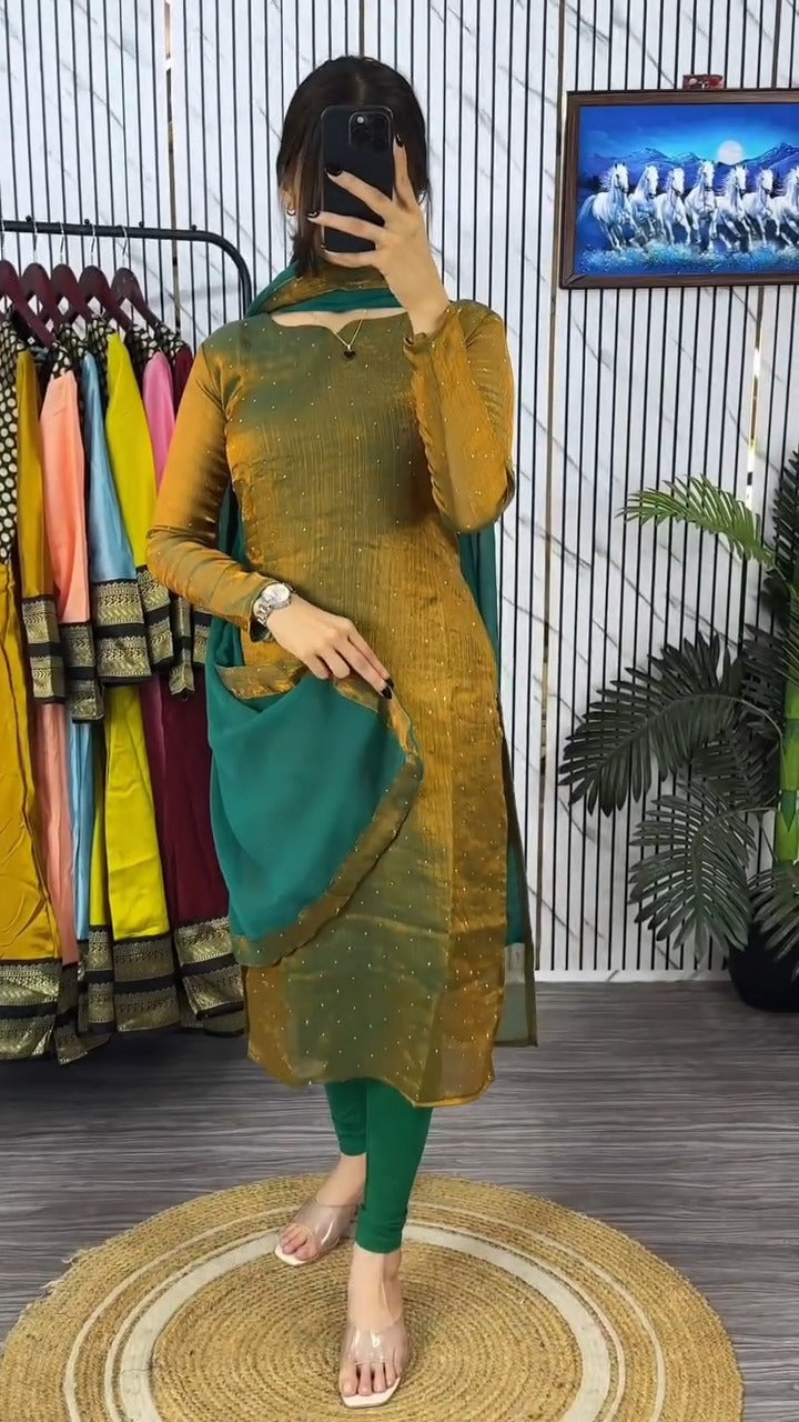 Beautiful Lustrous Heavy Freny Chiffon Silk Suit Set