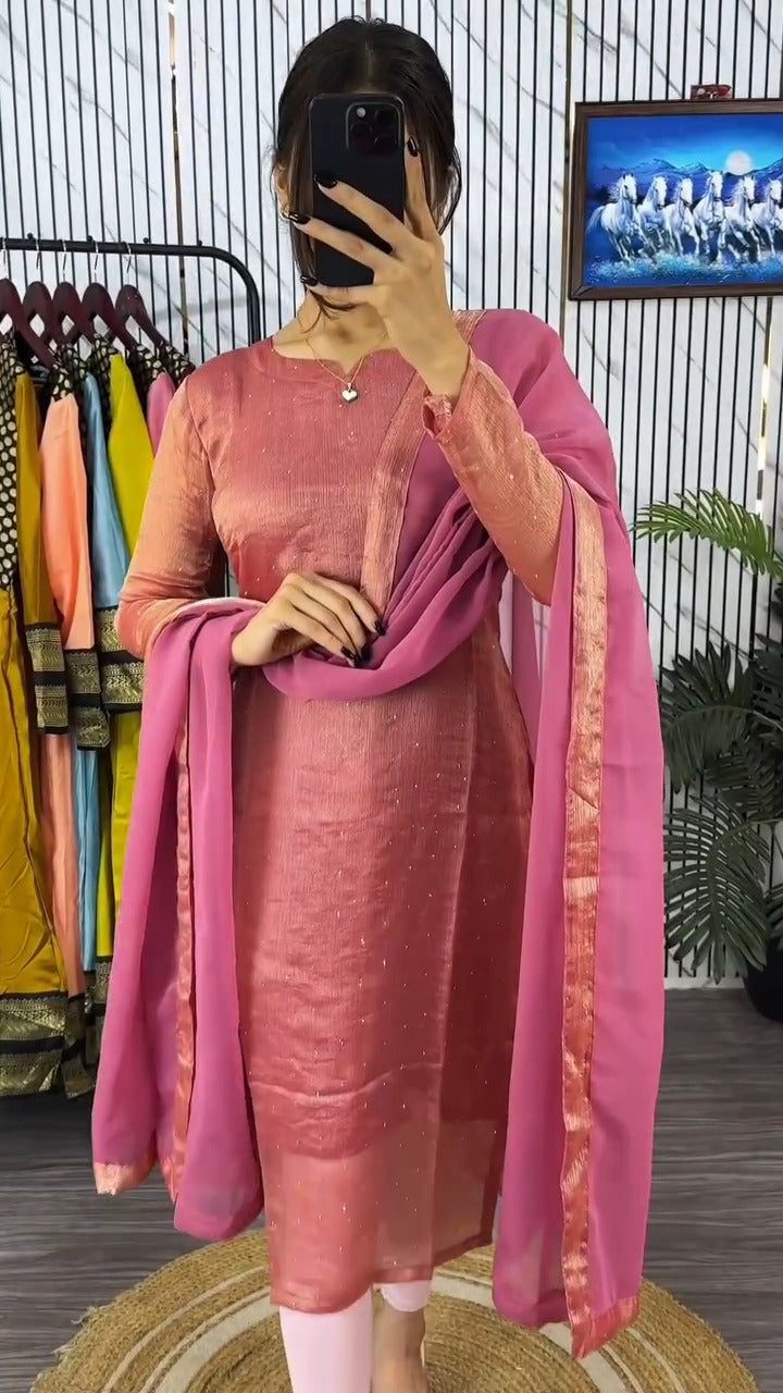 Beautiful Lustrous Heavy Freny Chiffon Silk Suit Set