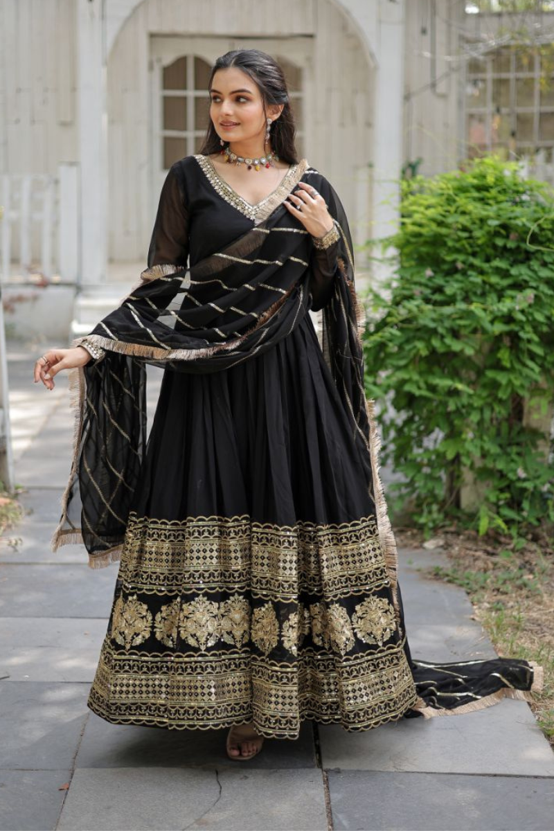 Faux Blooming Anarkali Gown in Black with Embroidered Dupatta
