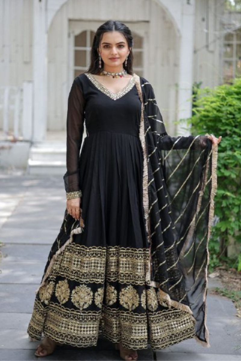 Faux Blooming Anarkali Gown in Black with Embroidered Dupatta