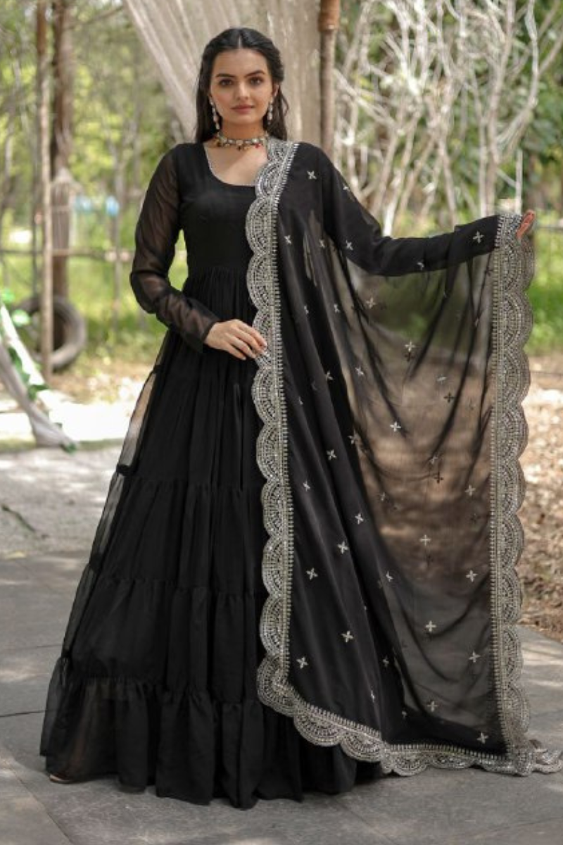 Full-flared, faux-flowering black gown with dupatta