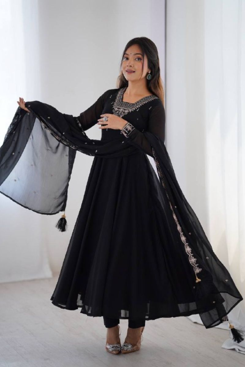 Anarkali Gown Dupatta Suit Set in Black, Heavy, and Exceptionally Soft Georgette