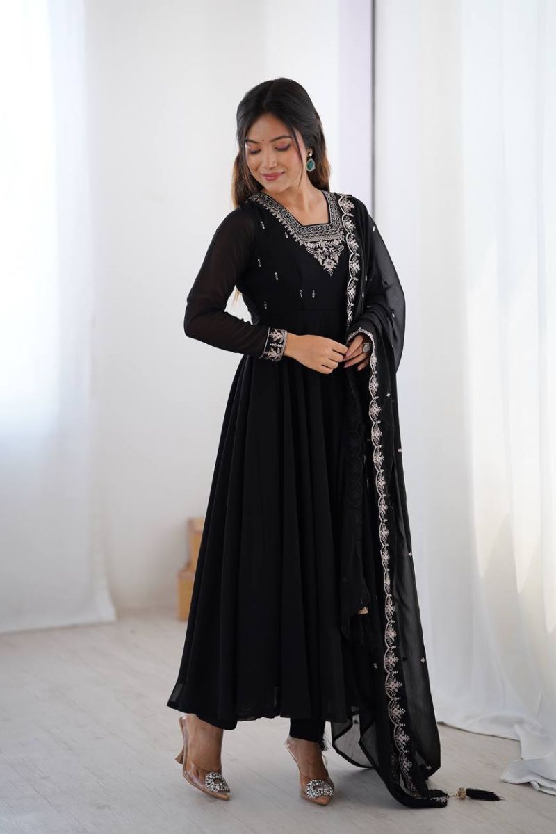 Anarkali Gown Dupatta Suit Set in Black, Heavy, and Exceptionally Soft Georgette