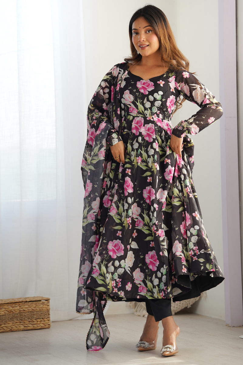 Black Gown Dupatta Set with Pure Blooming Rangoli Silk