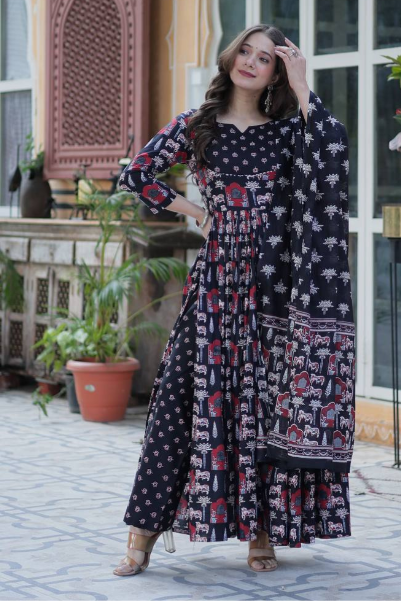 Anarkali gown made of black pure cotton with a dupatta and pants