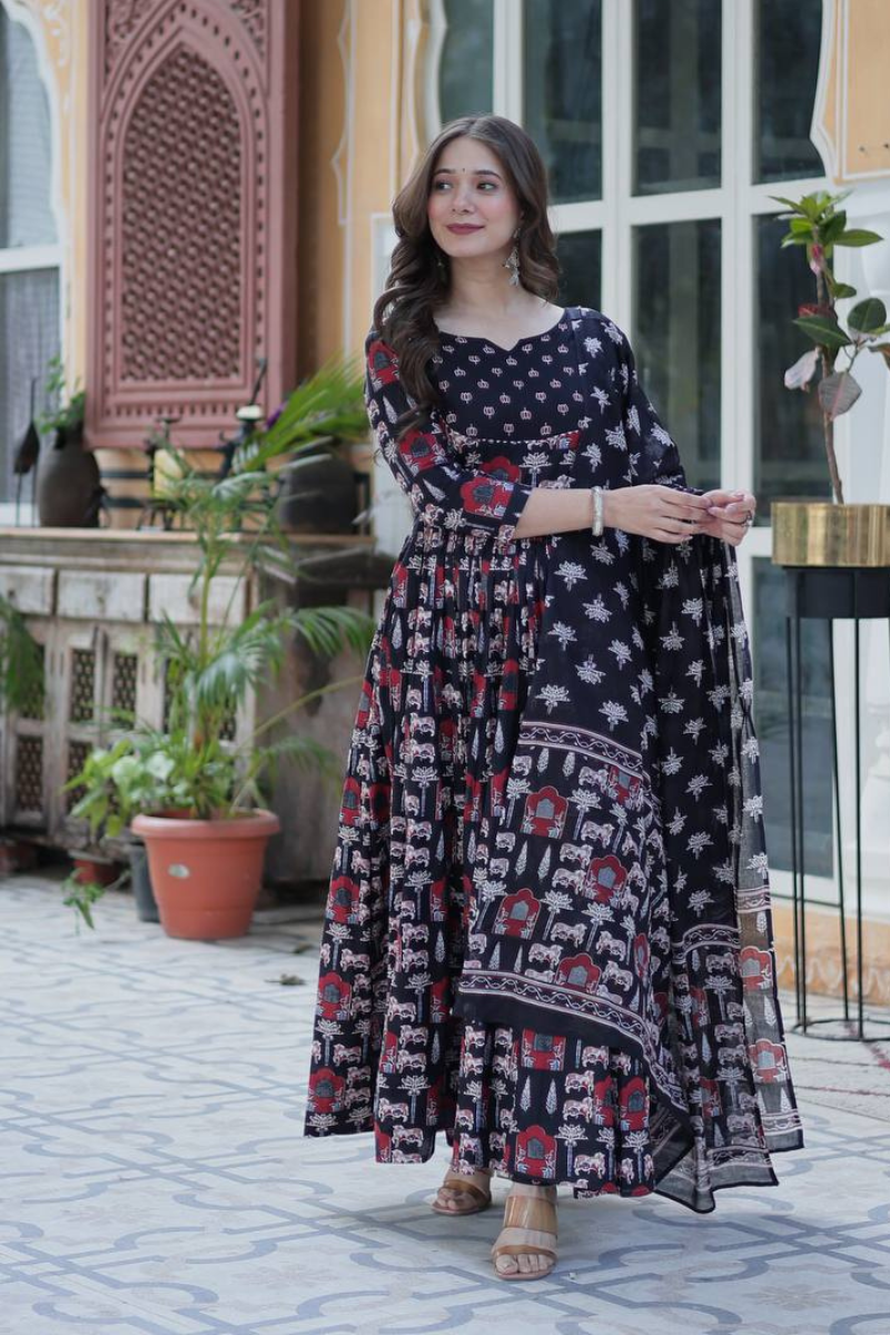 Anarkali gown made of black pure cotton with a dupatta and pants