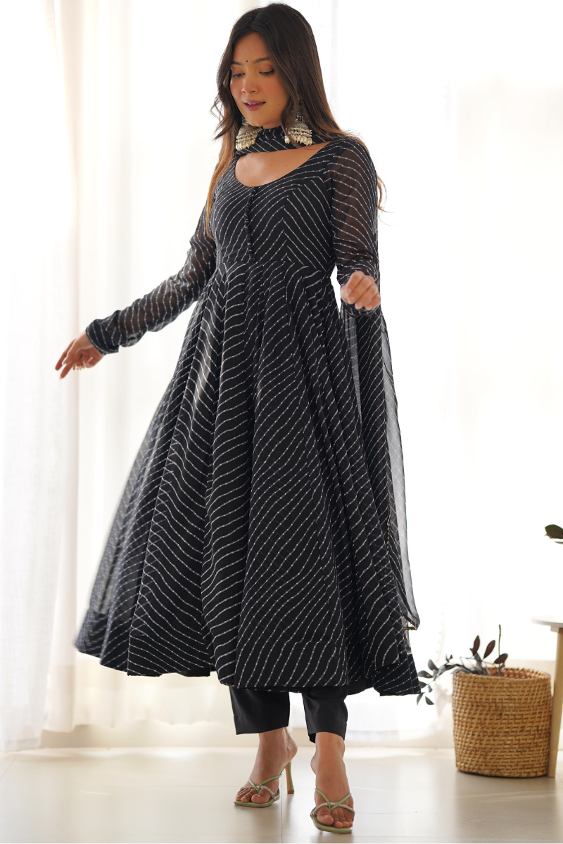 Gown with Dupatta in Black Pure Fox Georgette Fabric