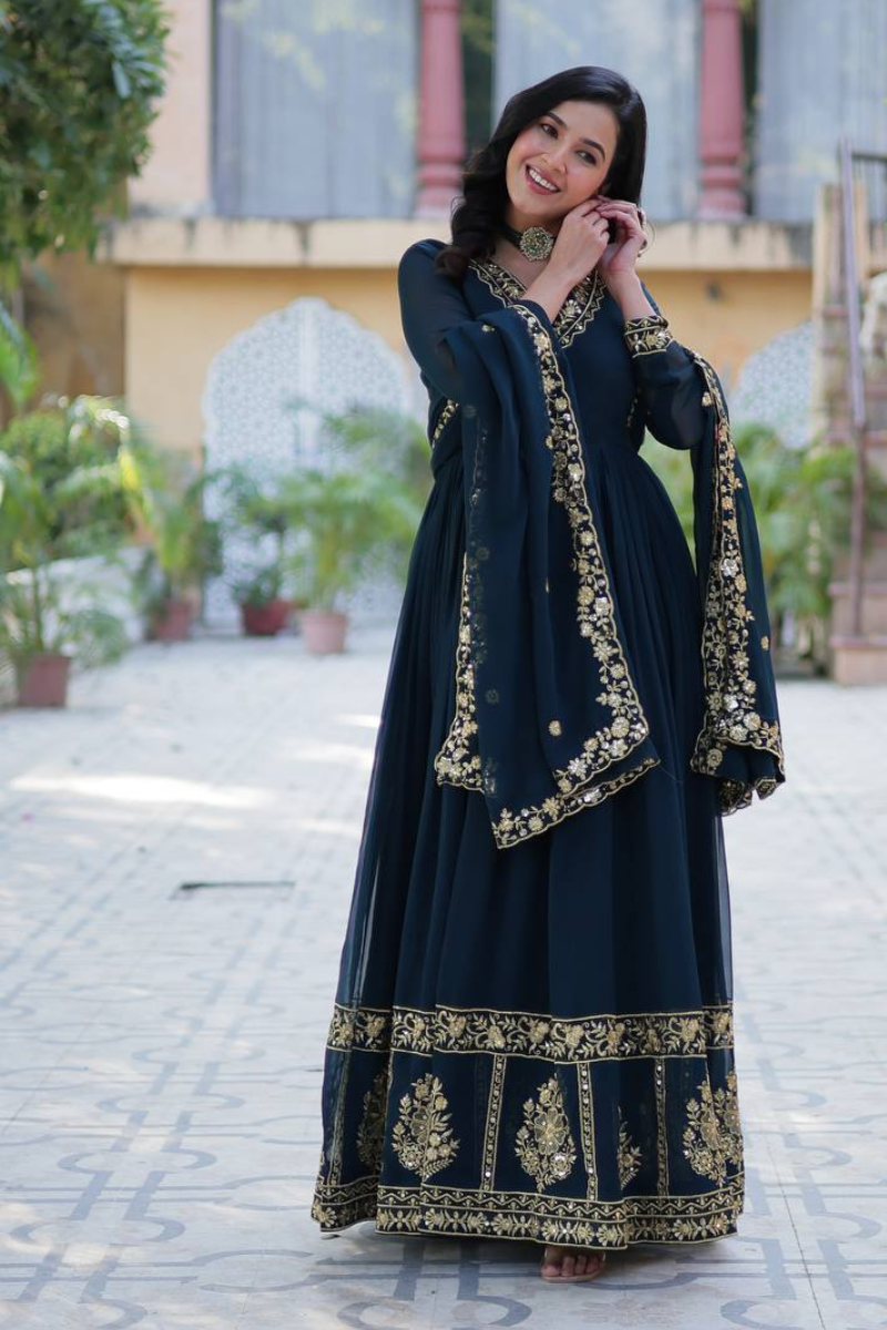Dark Blue Anarkali Gown with Dupatta and Faux Blooming Georgette