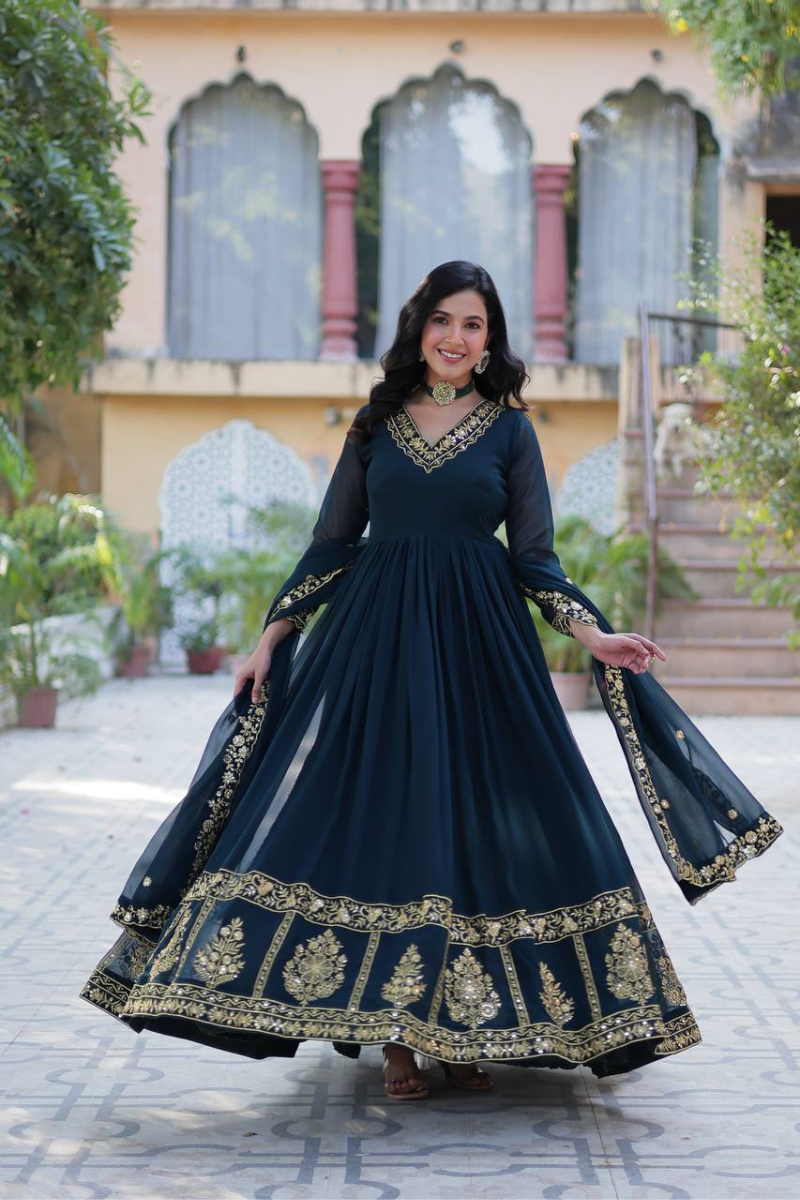 Dark Blue Anarkali Gown with Dupatta and Faux Blooming Georgette