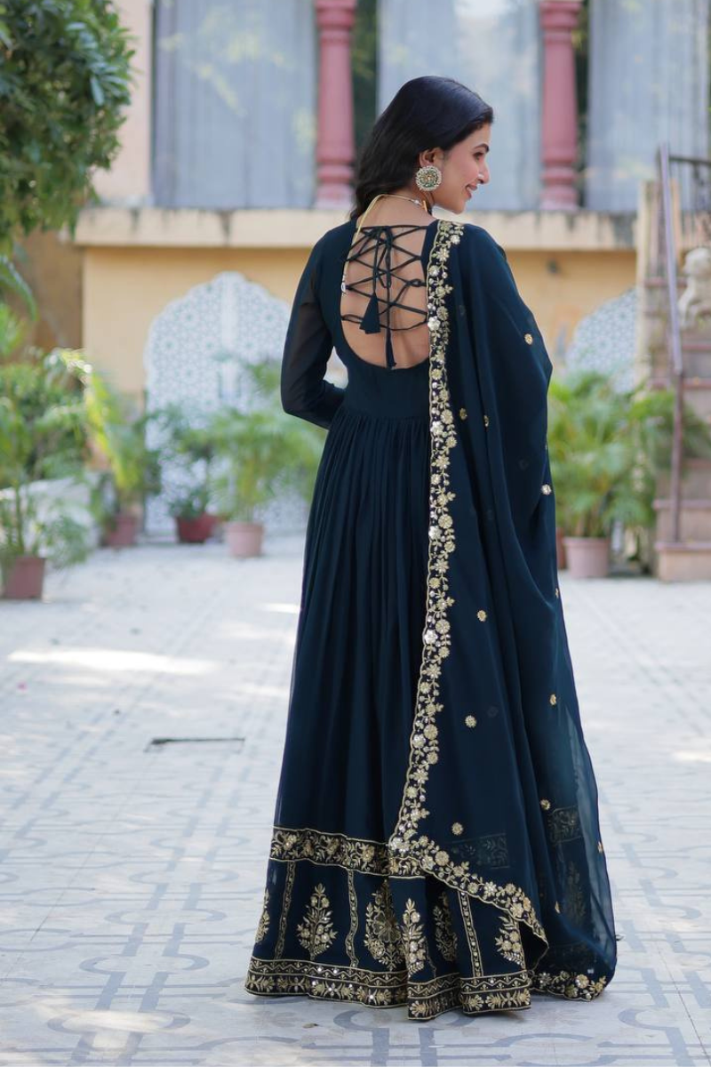Dark Blue Anarkali Gown with Dupatta and Faux Blooming Georgette
