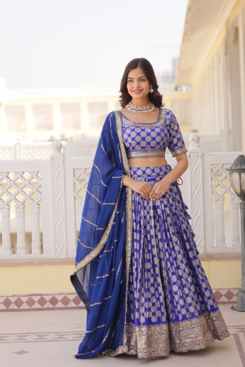 Dark Blue Lehanga Choli Dupatta Set with Pure Dyable Viscose Jacquard