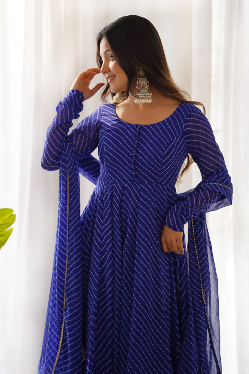 Dark Blue Gown with Dupatta Made of Pure Fox Georgette Fabric