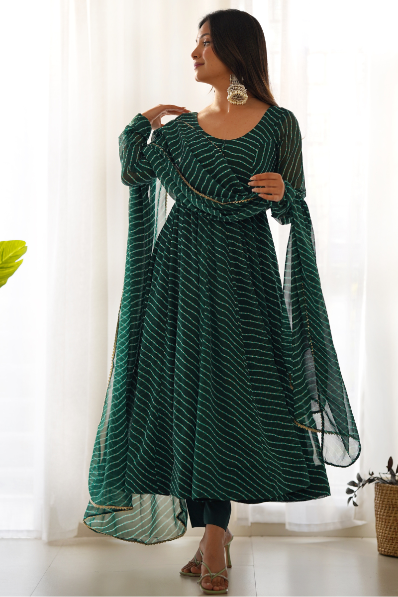 Dark Green Gown with Dupatta Made of Pure Fox Georgette Fabric