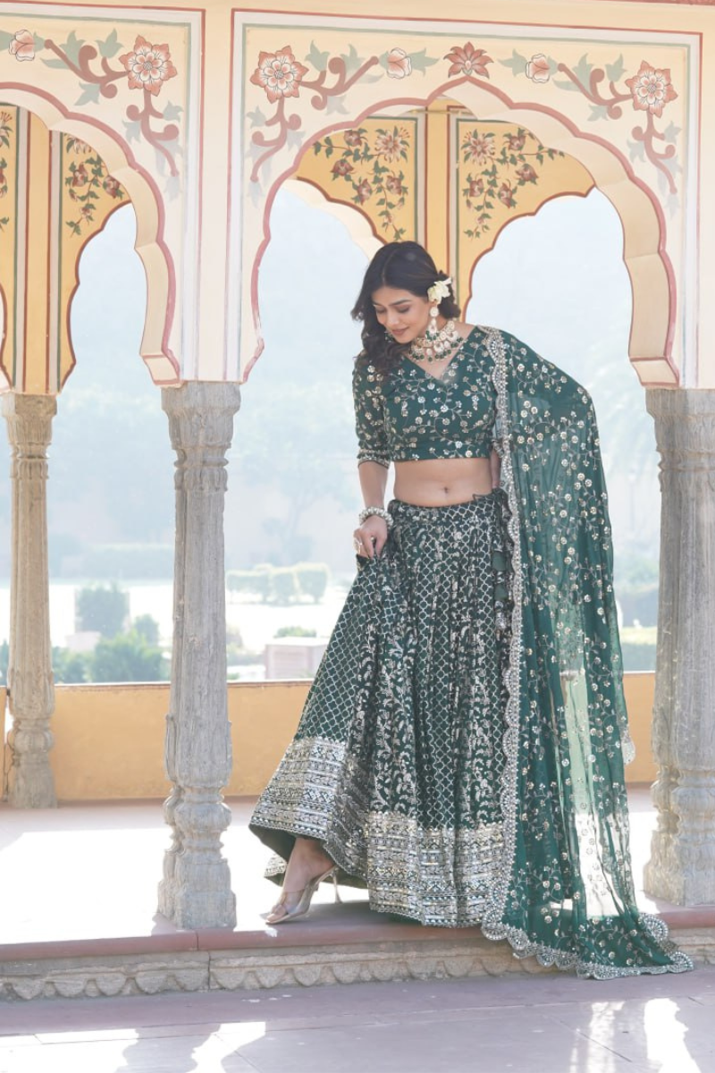 Embroidered Dark Green Lehanga Choli Dupatta Set Made of Pure Viscose