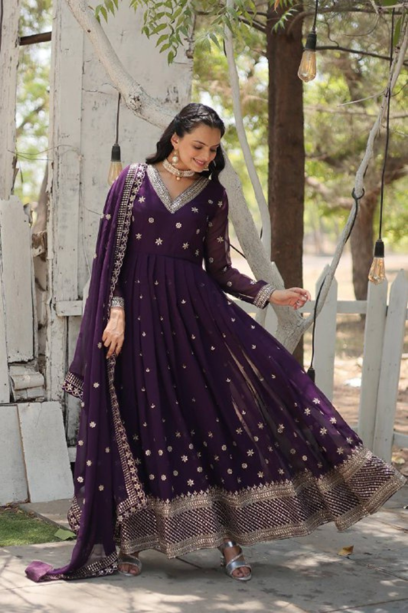 Faux Blooming Dark Purple Anarkali Gown with Dupatta Set
