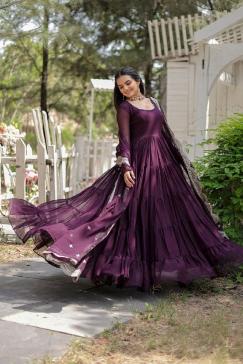 Full-flared, dark purple, faux-flowering gown with dupatta