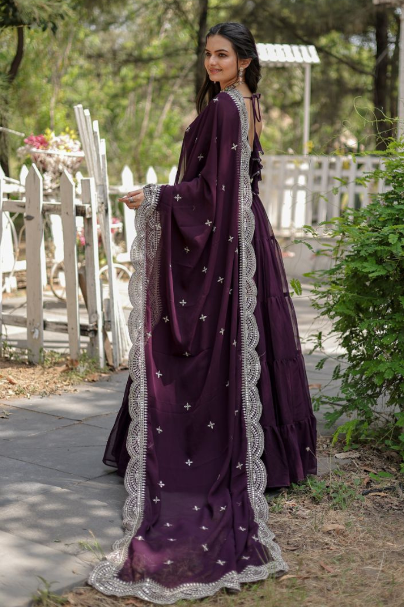 Full-flared, dark purple, faux-flowering gown with dupatta