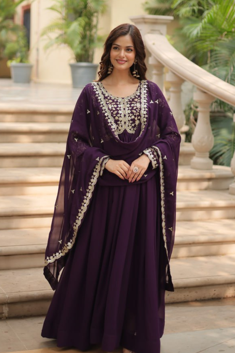 Faux Blooming Gown in Dark Purple with Zari Embroidered Dupatta