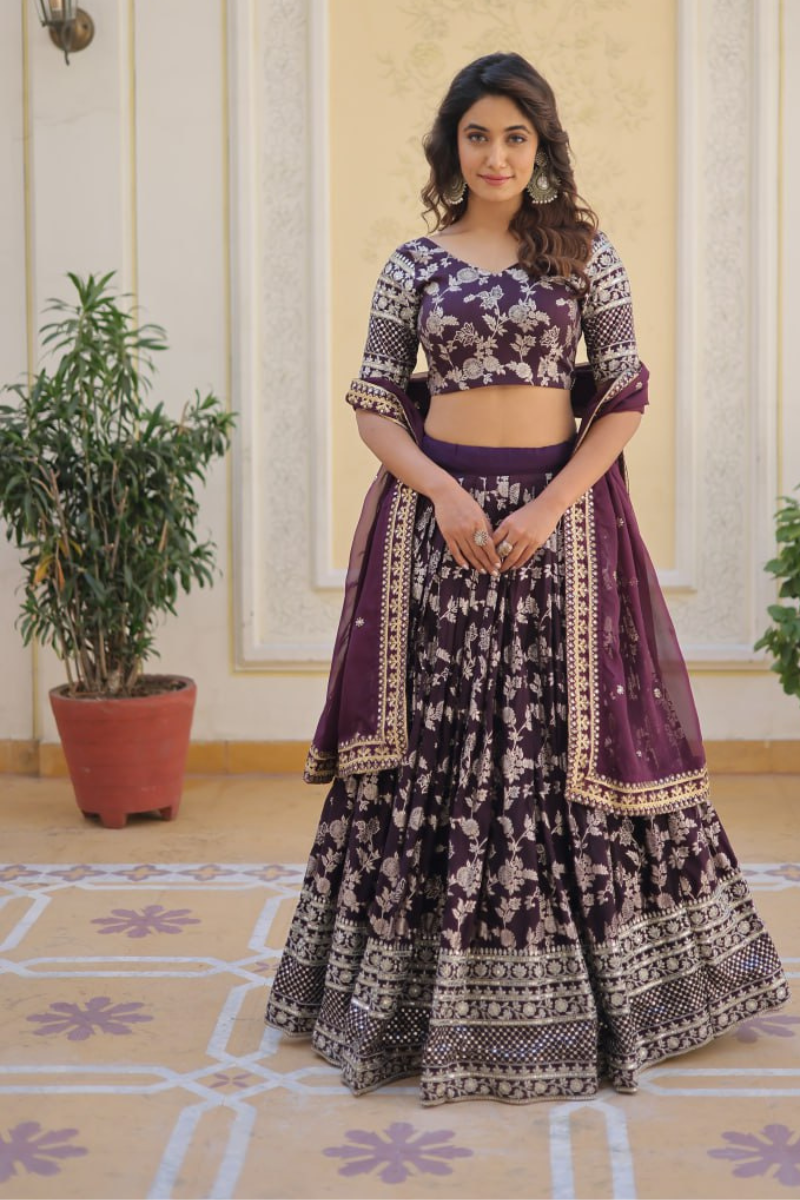 Jacquard Lehanga Choli Dupatta Set in Dark Purple Viscose