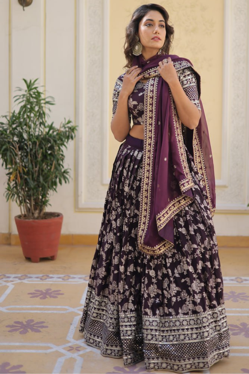 Jacquard Lehanga Choli Dupatta Set in Dark Purple Viscose
