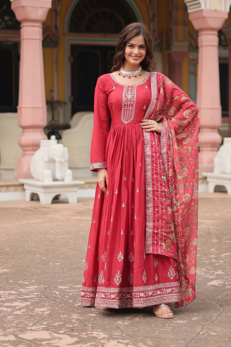 Printed Tebby Silk Gown with Dupatta by Gajri Kalamkari