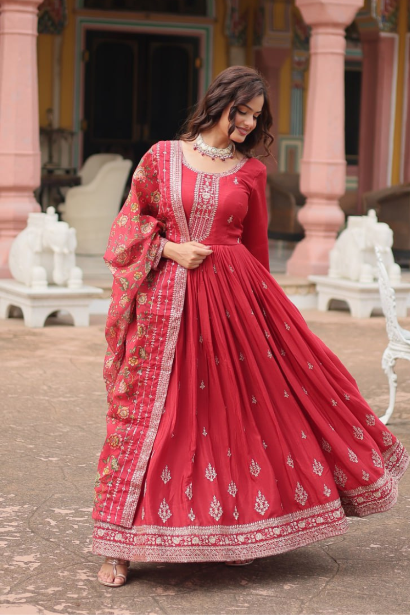 Printed Tebby Silk Gown with Dupatta by Gajri Kalamkari