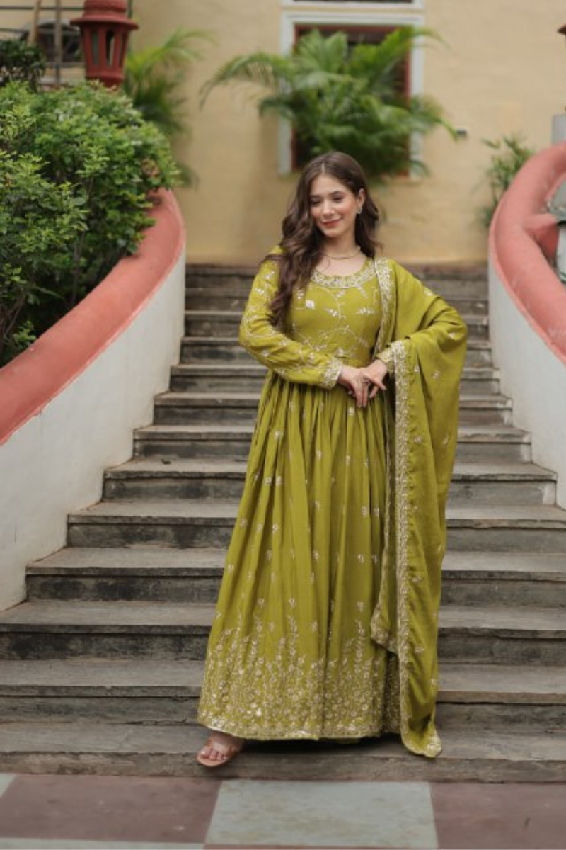 Richly Sequined Green Chinon Anarkali Gown with Dupatta