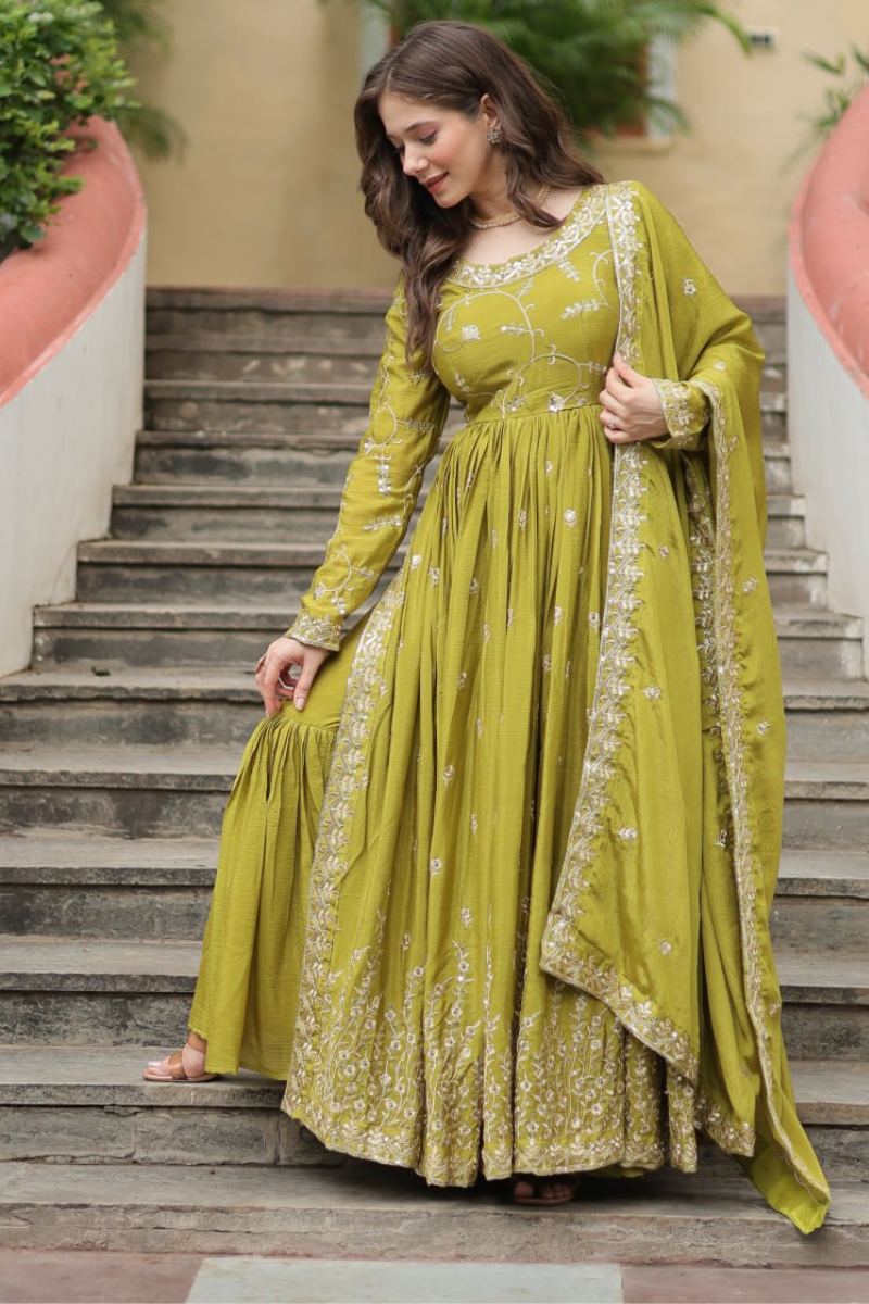 Richly Sequined Green Chinon Anarkali Gown with Dupatta