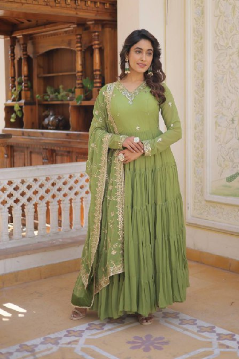Green Faux Georgette Dress with Embroidered Dupatta
