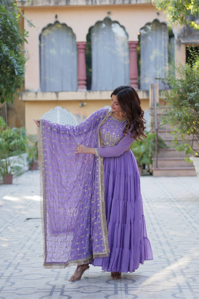 Lavender Star Georgette Dress with Embroidered Dupatta
