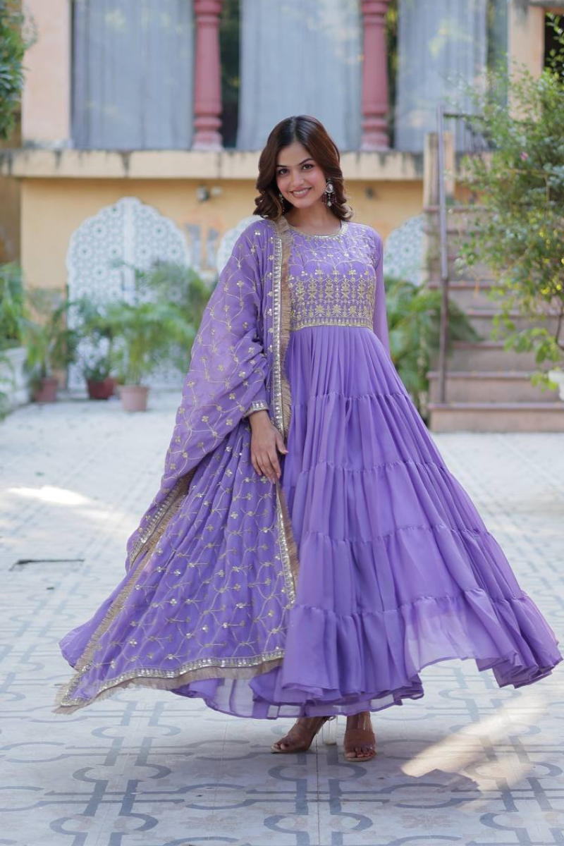 Lavender Star Georgette Dress with Embroidered Dupatta