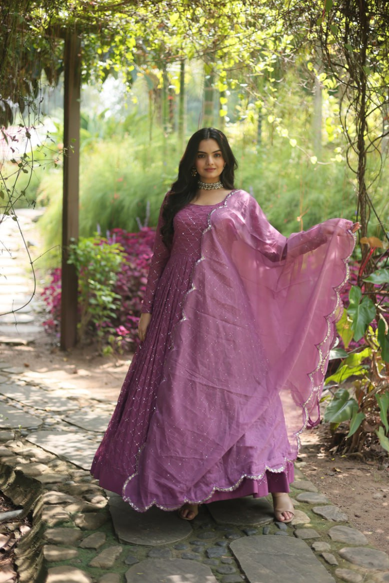 Lavender Faux Georgette Dress with Embroidered Dupatta