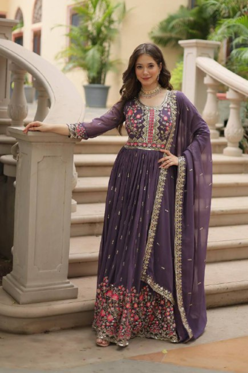 Faux Lavender Georgette Dress with Embroidered Dupatta