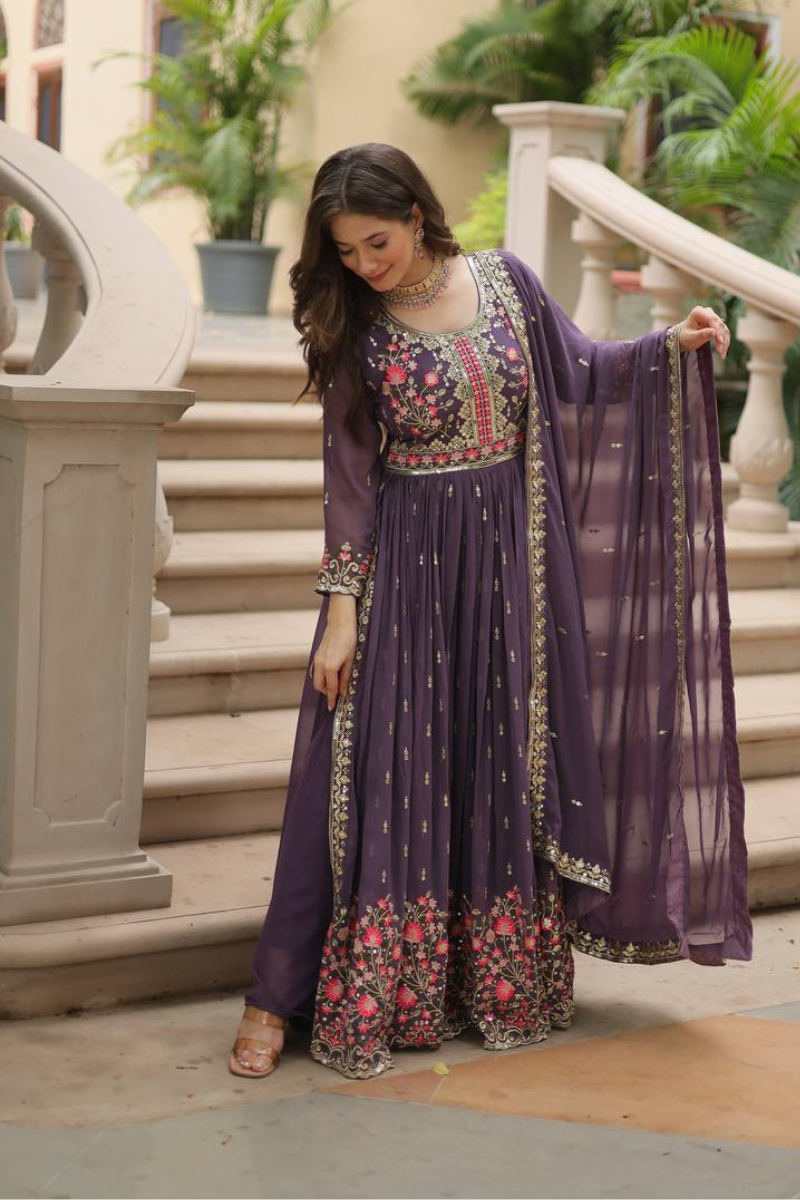 Faux Lavender Georgette Dress with Embroidered Dupatta