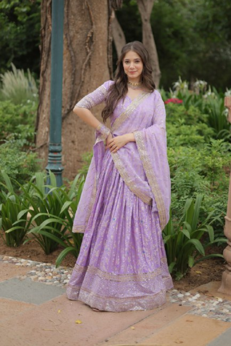 Lavender Choli Dupatta Set with Pure Dyable Viscose Jacquard Lehanga