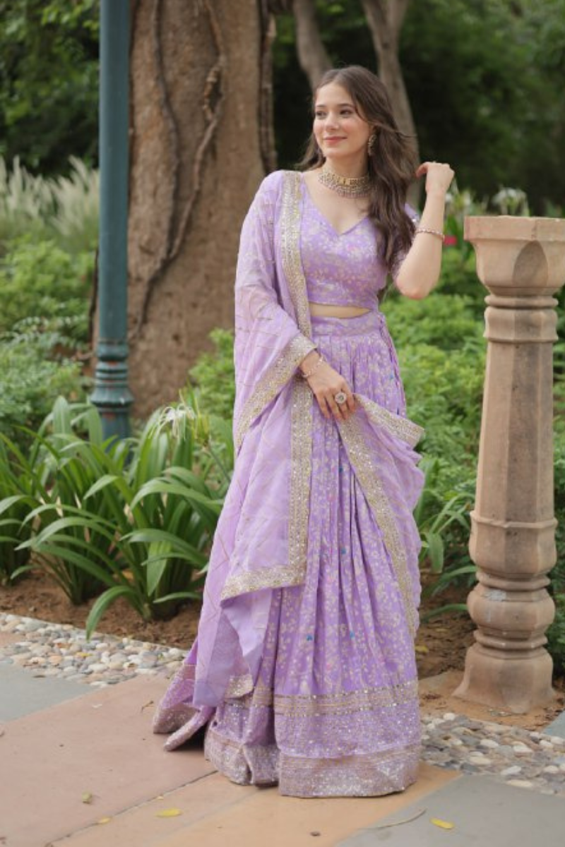 Lavender Choli Dupatta Set with Pure Dyable Viscose Jacquard Lehanga