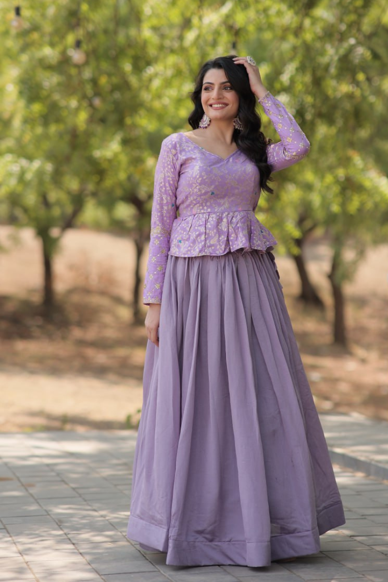 Lavender Glow Embroidered Vichitra Lehanga Top Set