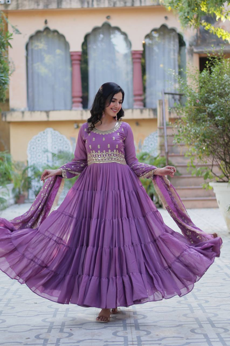 Georgette gown with embroidered dupatta in lavender star design
