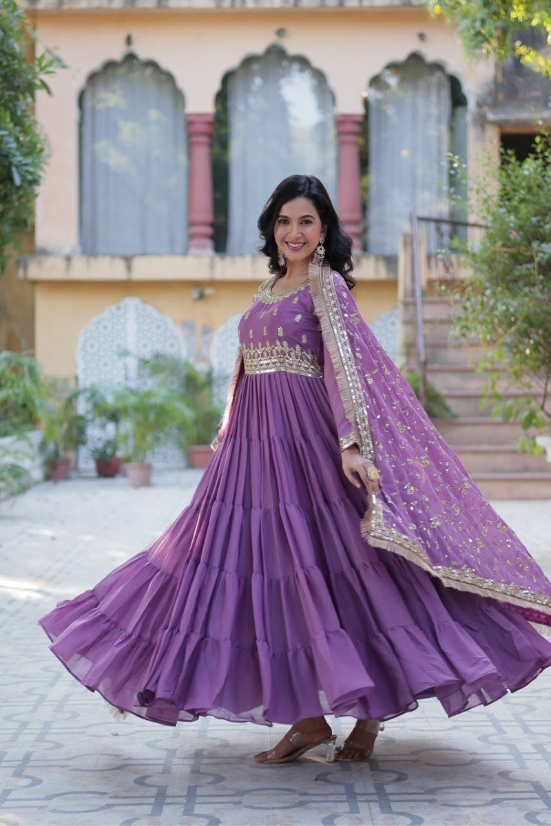 Georgette gown with embroidered dupatta in lavender star design