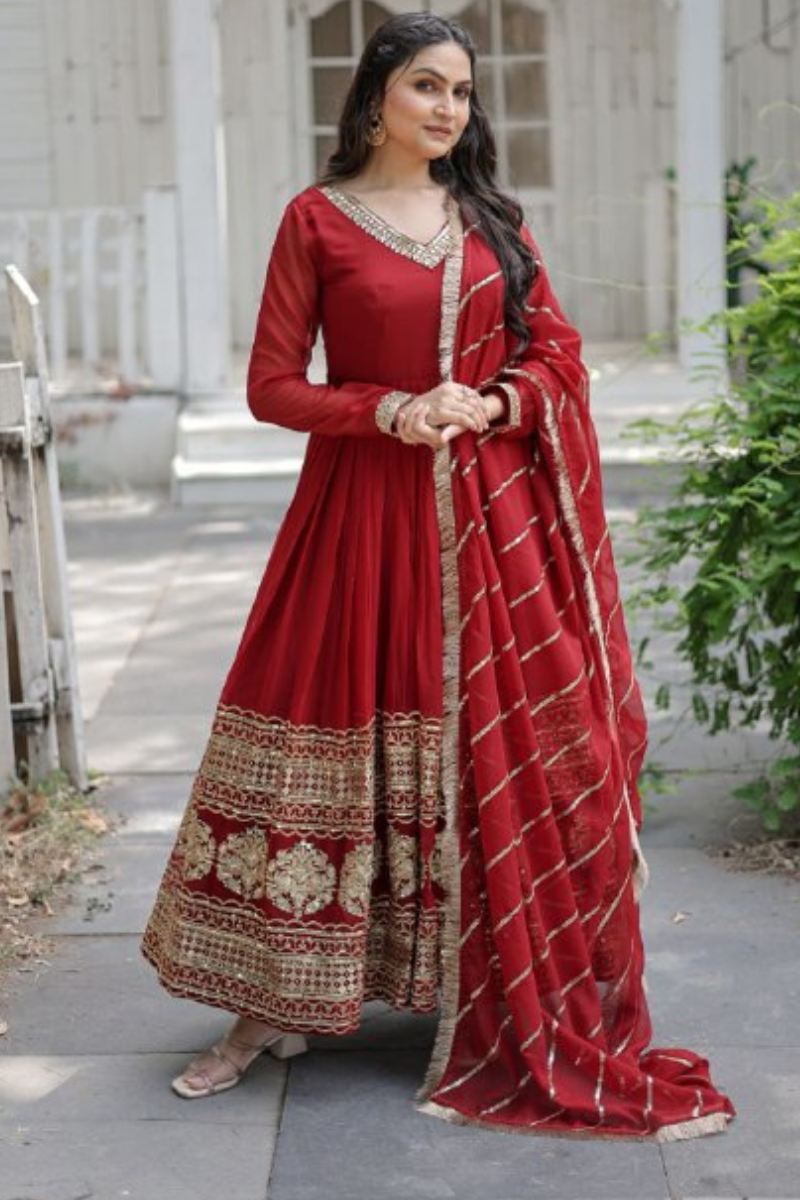 Faux Blooming Anarkali Gown in Maroon with Embroidered Dupatta
